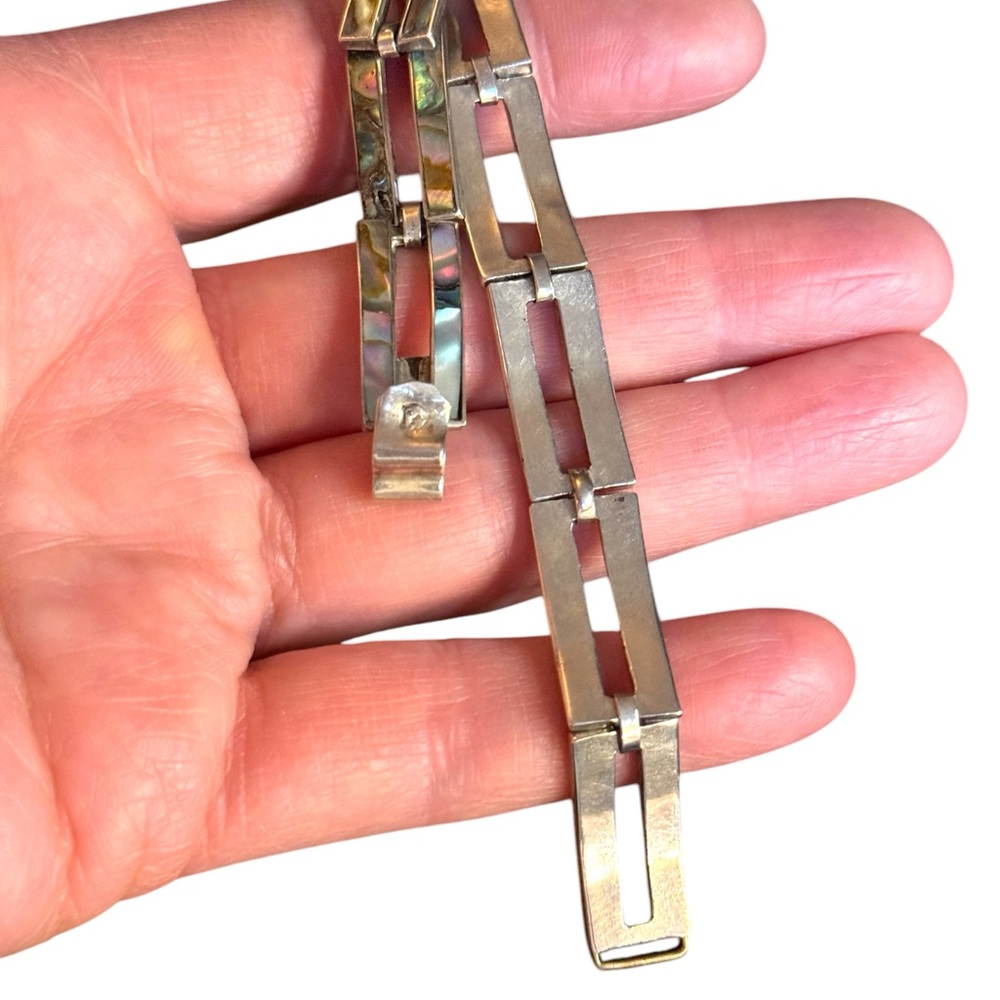 TAXCO MEXICO VINTAGE ABALONE INLAY STERLING SILVER MODERNIST 7" PANEL BRACELET - Picture 3 of 6